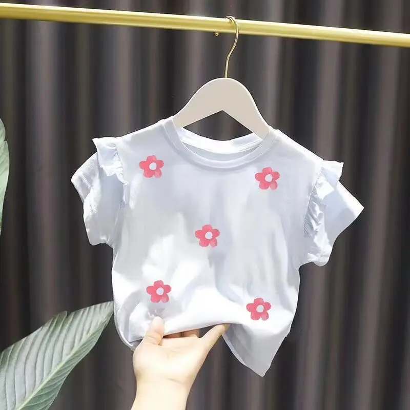 Summer Baby Clothes Girls T-shirt Cotton Flowers Tops Tees O-neck Full Fashion Children\'s Outerwear 2023