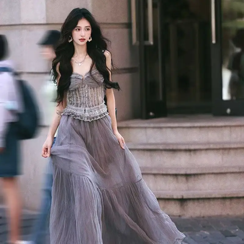 

Heavy Industry Lolita Two-piece Set Tie Dyeing Lace Half Skirt Strap Dyeing Top High Waist Double Layer Mesh Swing Floor Skirt