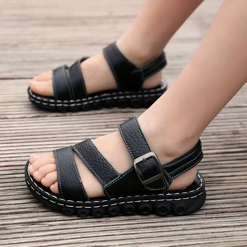 Children's Summer Leather Sports Casual Sandals Boys Soft Sole Non Slip Open Toe Medium And Large Children's Hook Beach Sandal