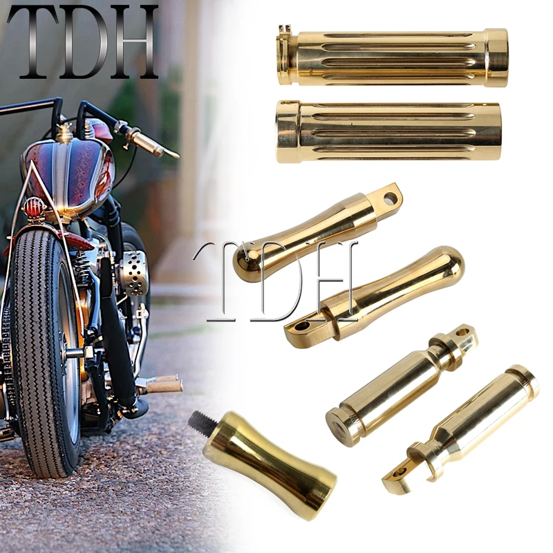 Motorcycle Brass Handlebar Hand Grips 1\'\' 25mm Bar Grip Universal For Harley Custom Chopper Bobber Scrambler Foot Peg Rest Pedal