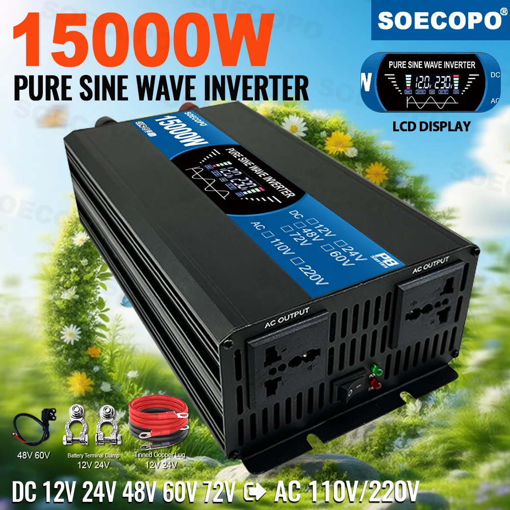 Pure Sine Wave Inverter 15000W 2 Sockets Solar Inverter DC 12/24/48/60/72V To AC 110V/220V Home Outdoor Camping Current Inverter