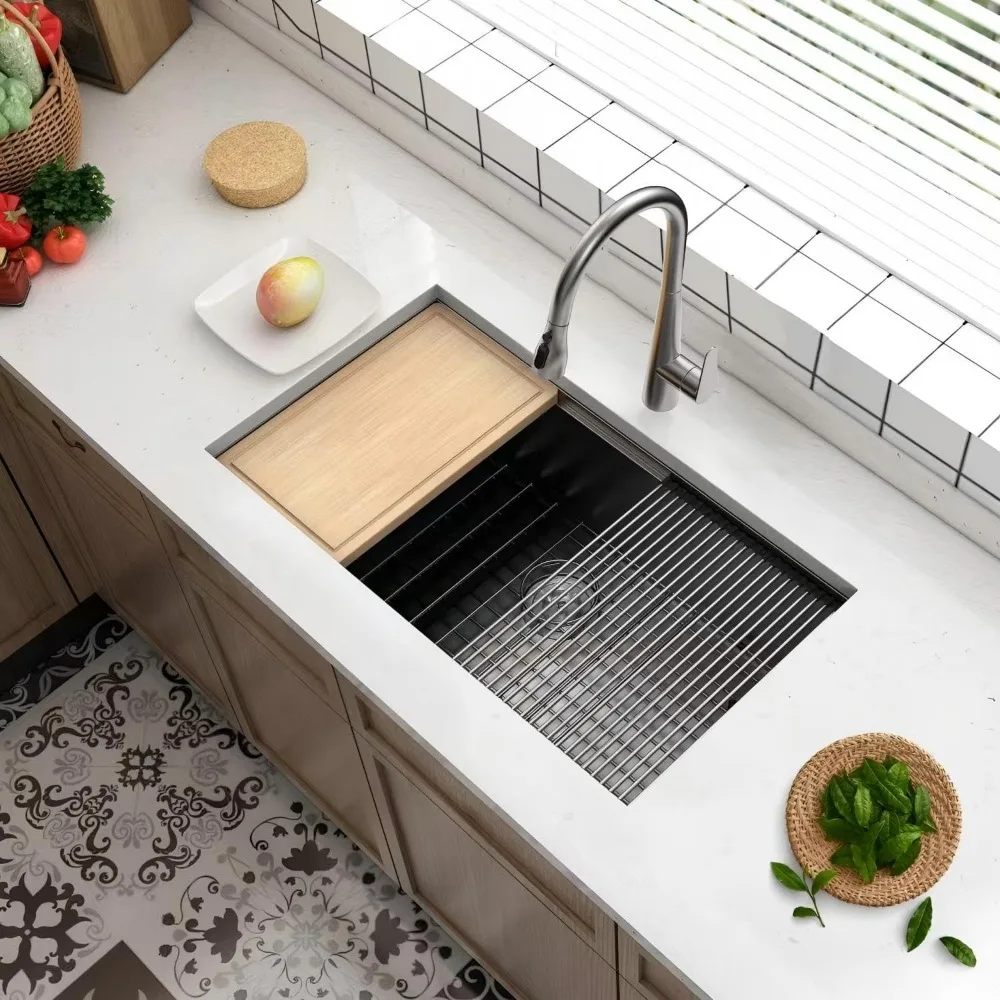 Stainless Steel 32-inch Deep Single Bowl Undermount Kitchen Sink, Handcrafted 16 Gauge Workstation Sink for Counter