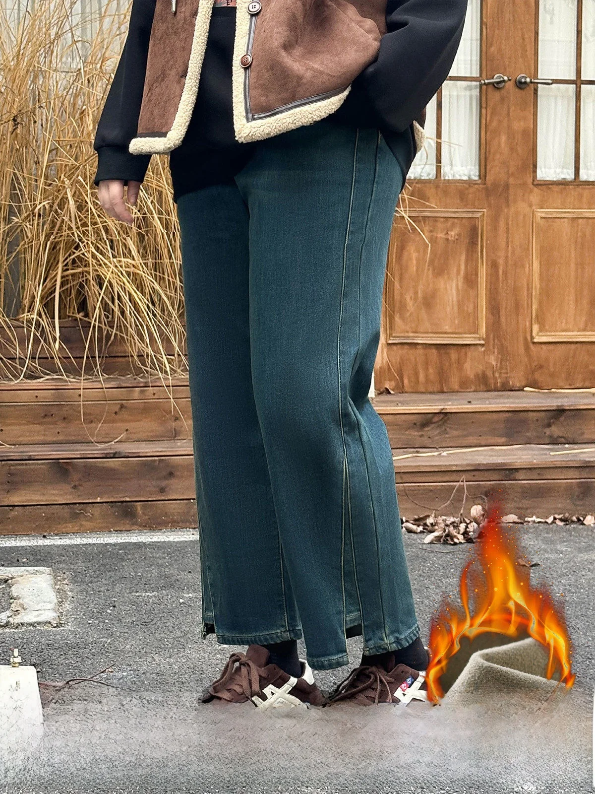 

Джинсы больших размеров на подкладке, расклешенные девятиточечные эластичные хлопковые брюки с высокой талией, осенне-зимние теплые брюки