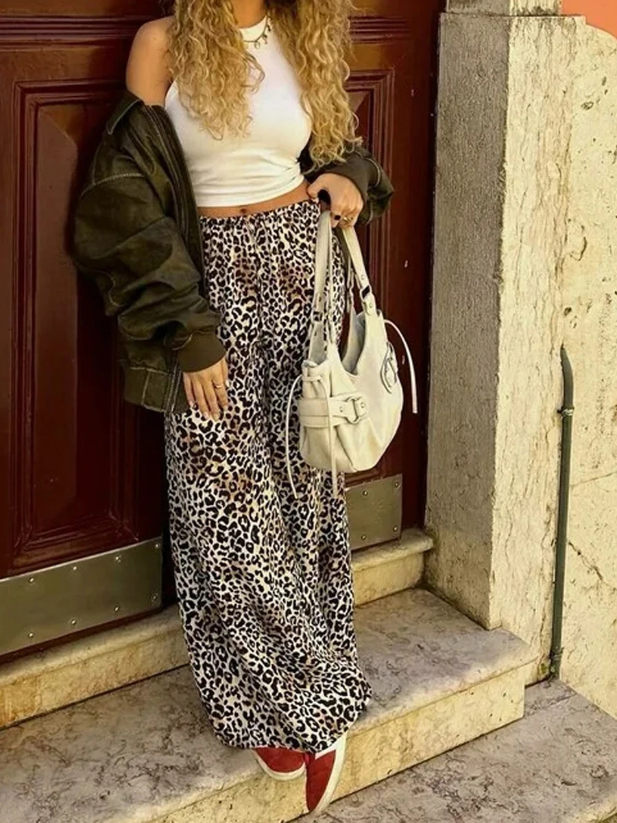 Women s Lounge Pants Casual Loose Leopard Print Elastic Waist Wide Leg Drawstring Pants for Summer Spring Fall