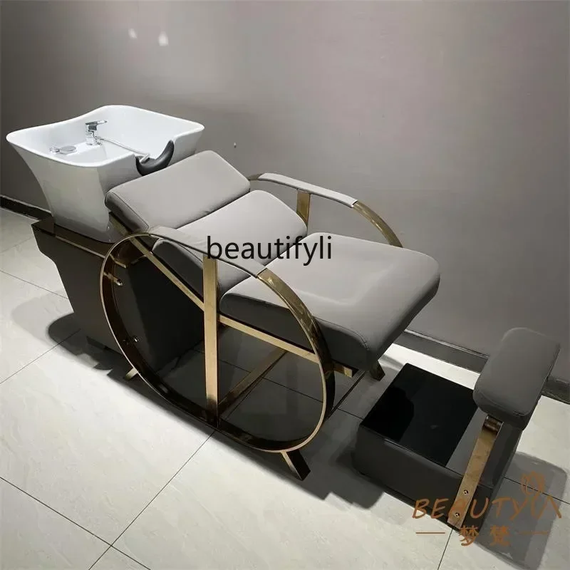 

For Hair Salon Shampoo Chair Retro Lying Half with Fumigation Massage Barber Shop Flushing Bed