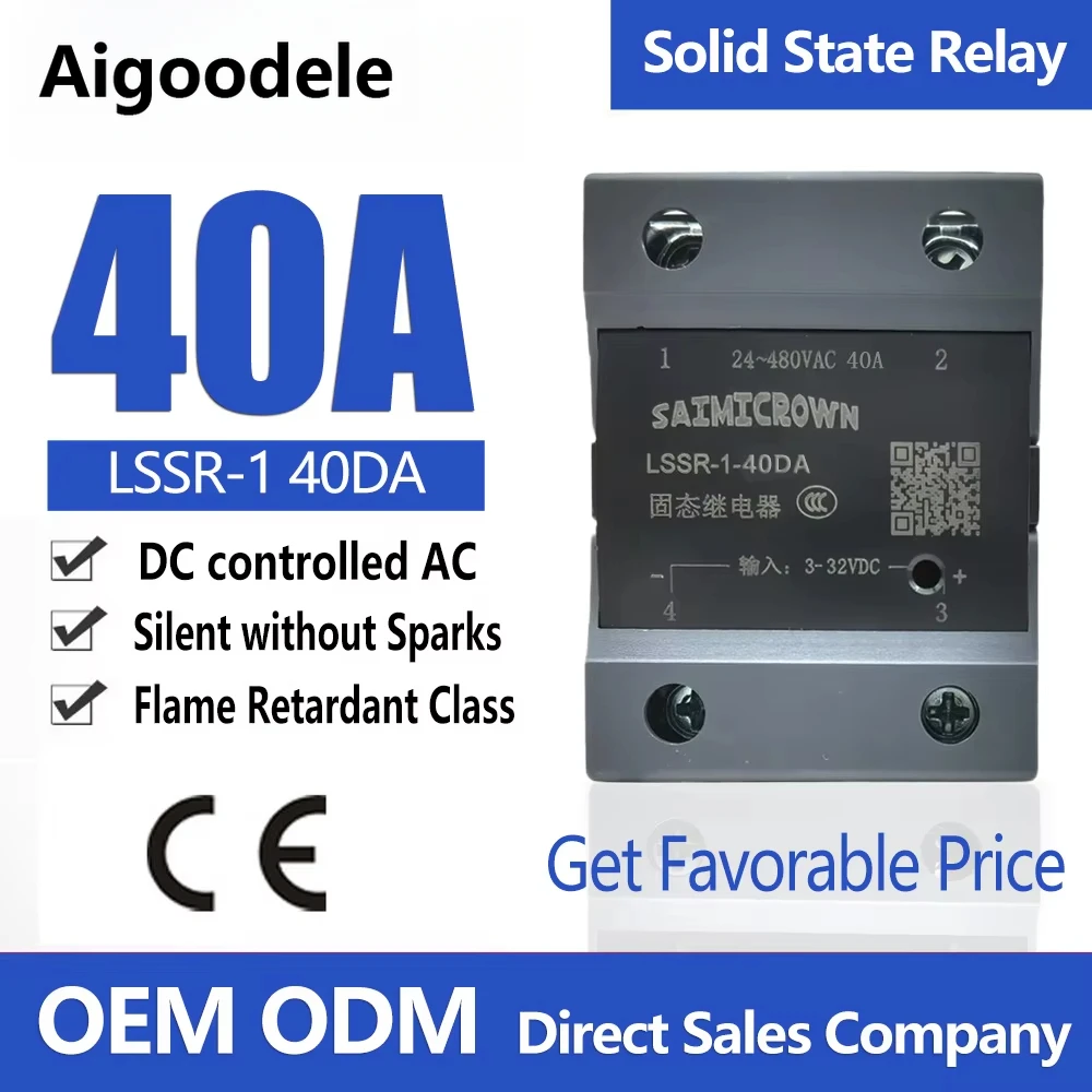 40A Solid State Relay Module Single Phase SSR DC to AC LSSR-1 40DA 4-32VDC Control 48-480VAC for Heating