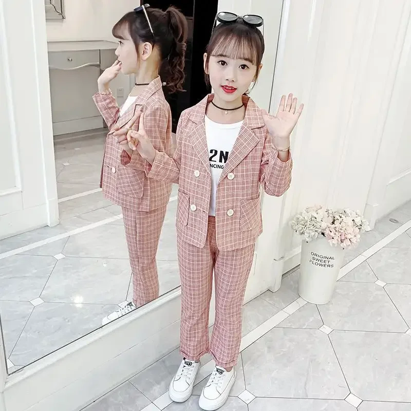 

Girls Suit Set Jacket + Pants Outfits for Girls 2022 New Kids Clothes Girls Spring Autumn Tracksuit Plaid Children Costumes