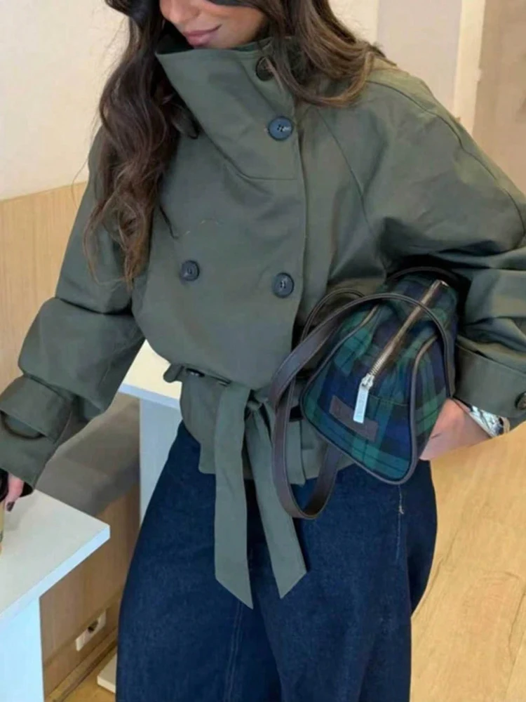 Tredny Solid Loose Coat Elegant Double Row Buckle Waist Strap Outwear Temperament Stand Collar Long Sleeve Office Commute Jacket