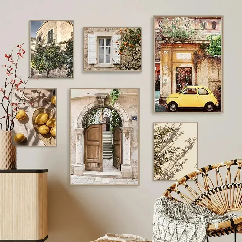 Affiche murale de paysage de jardin de ville italienne d'automne, affiche de récolte de citron, voitures et plantes, peinture sur toile, décoration de salon de maison