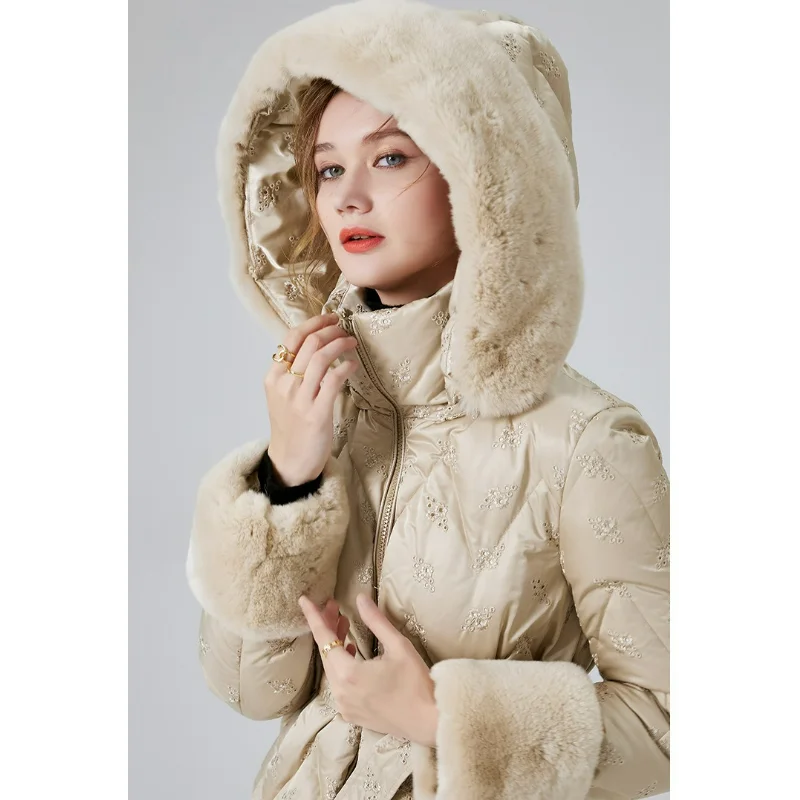 Mulheres com capuz para baixo casacos de inverno high-end engrossado jaqueta longa estilo viajante branco pato roupas pele de coelho parkas