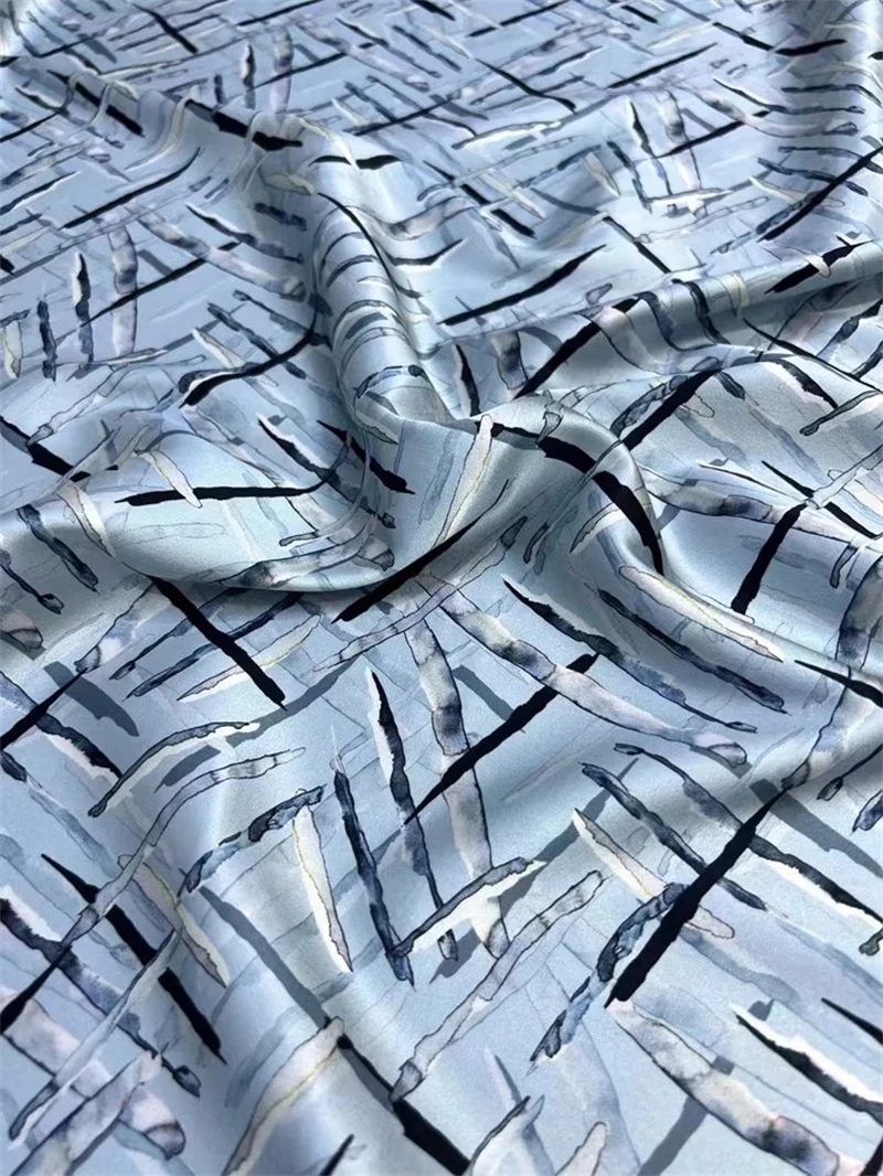 50x140cm Wide Heavy Weight Geometric Line Printing Blue Elastic Satin Fabric High-quality Sewing Silk Fabric Material Chiffon