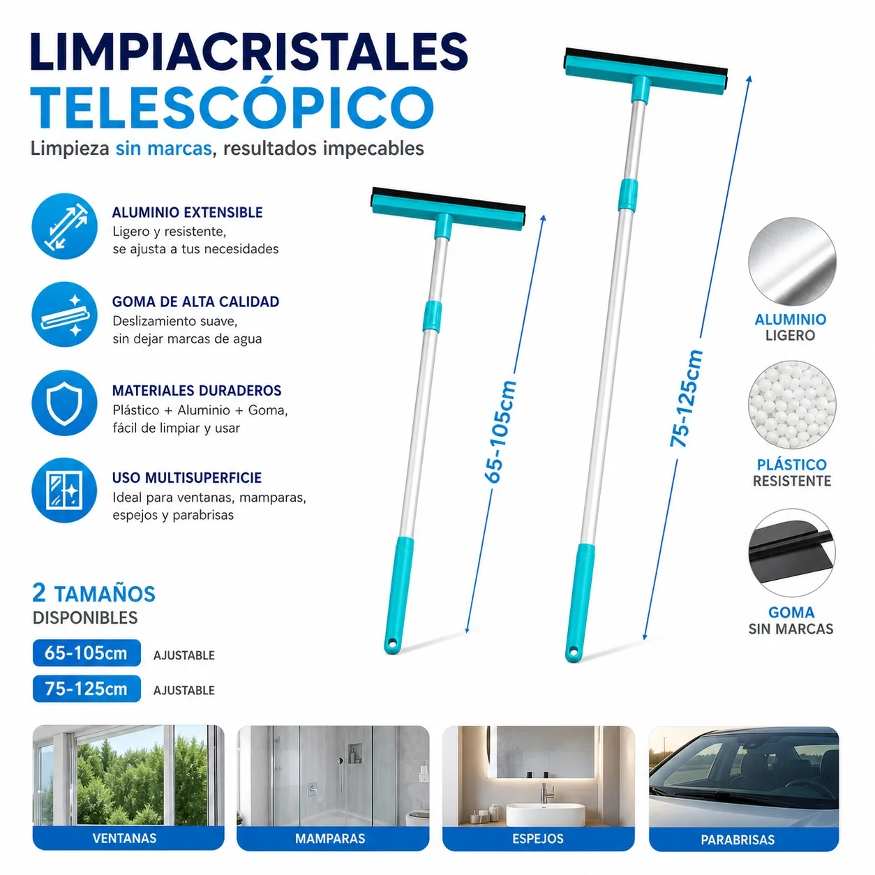 Limpiacristales extensible de aluminio en dos tamaños, goma suave que quita el agua sin dejar rayas, limpia ventanas, mamparas y espejos