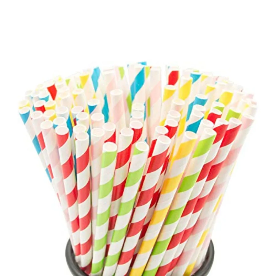 100PCS Biodegradable Paper Straws Bulk, Assorted Rainbow Colors Striped Drinking Straws for Juice, shakes, Cocktail, Coffee, So