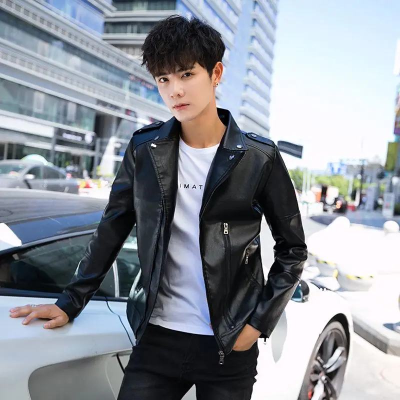 Bomber Leather Jacket Men Streetwear Lapel Motorcycle Jacket Zipper PU Leather Coat Vintage Black Pocket Jackets Men Clothing