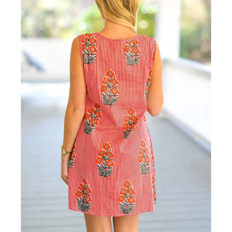 Combhasaki Women Summer Y2K Aesthetic Striped Floral Print Sleeveless V-Neck Loose Fit Short Mini A-line Tank Dress Beachwear