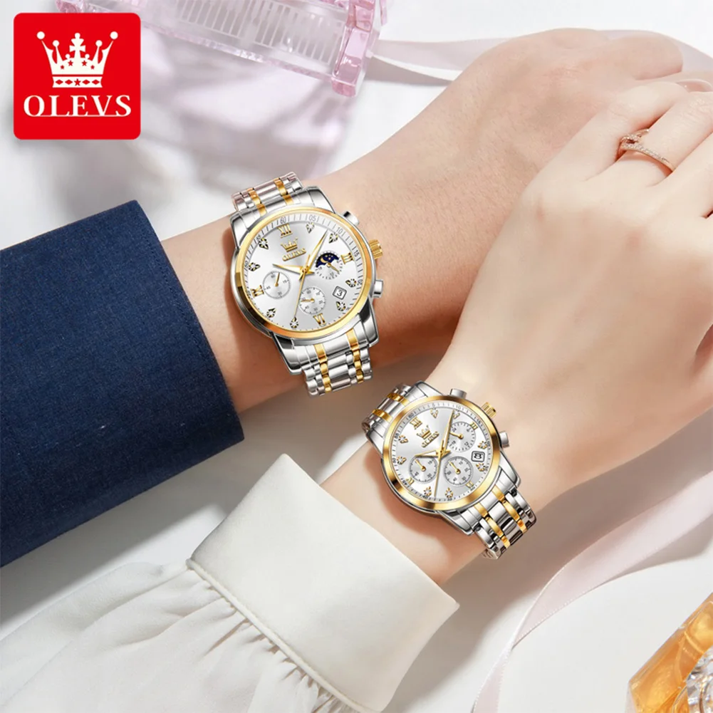 OLEVS 2858 العلامة التجارية الفاخرة كوارتز ساعة الزوجين مقاوم للماء ساعة عاشق هدية كلاسيكية مضيئة مرحلة القمر كرونوغراف ساعة له أو لها