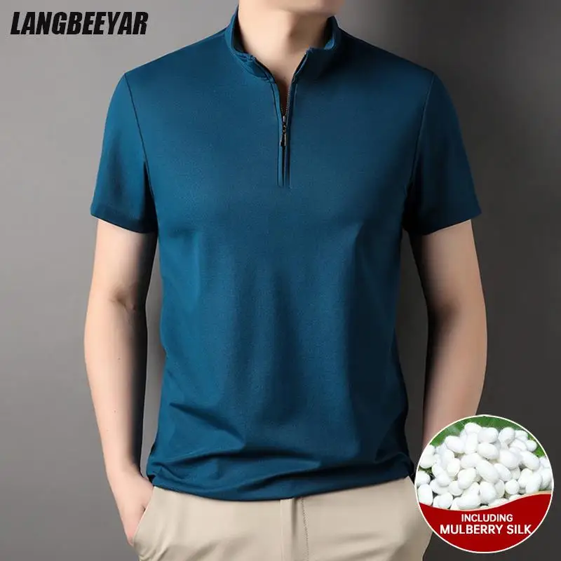 

Top Grade 4.7% Mulberry Silk Zipper New Summer Luxury Brand Plain Polo Men Shirt Short Sleeve Casual Tops Fashions Men Clothes