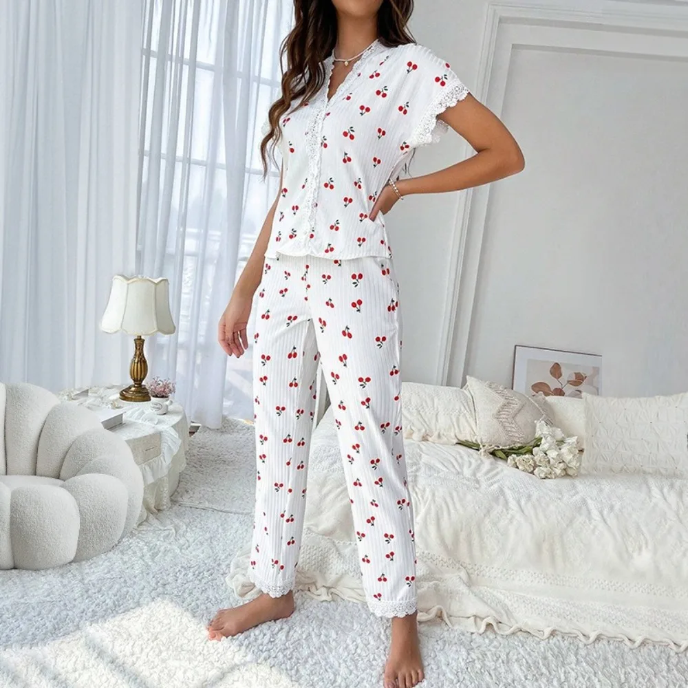 

Casual Lace Trim Women's Pyjama Set V-neck Comfortable Ladies Sleepwear Breathable Short Sleeve Pajamas for Women Homewear