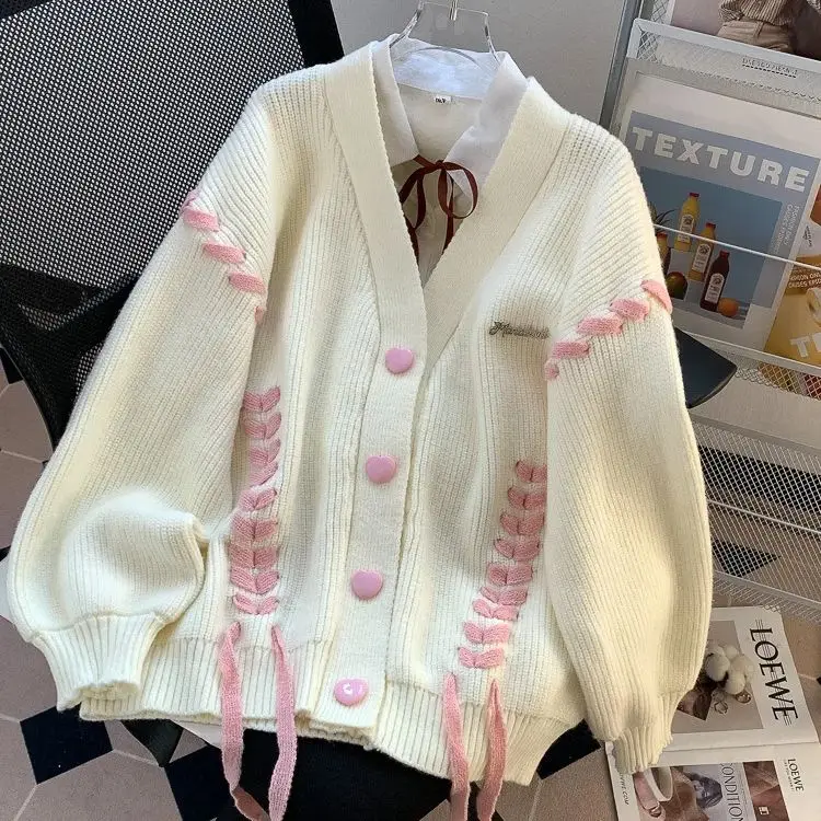 

Lazy style design sense tie bow sweater cardigan women knit jacket autumn and winter 2024 new loose outer wear top