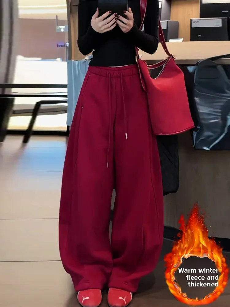 

Женские повседневные брюки с высокой талией и широкими штанинами, на флисовой подкладке, красные, свободного кроя, с эффектом стройности, осенне-зимняя новинка