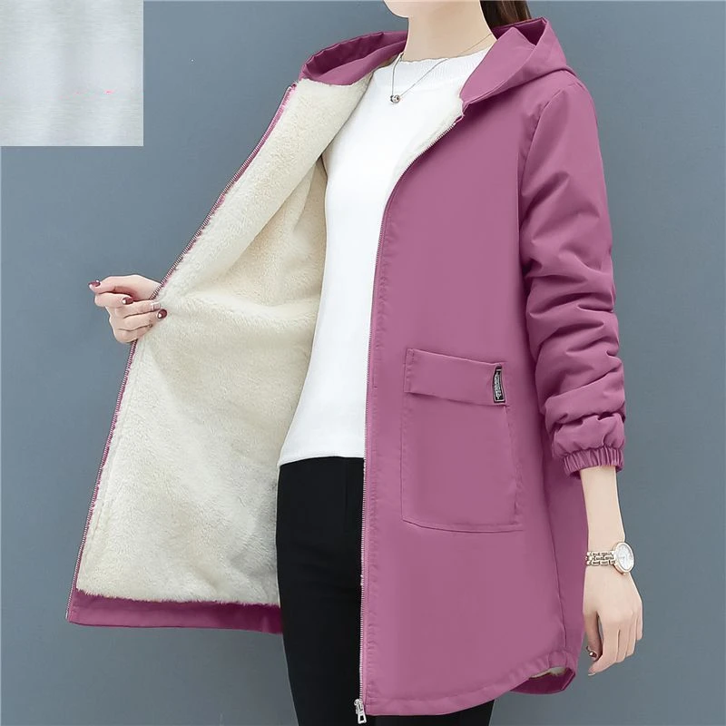 Gabardina con capucha de terciopelo para mujer, abrigo largo medio cálido, Tops coreanos para mujer, chaqueta delgada, prendas de vestir, otoño e invierno, nuevo, 2024