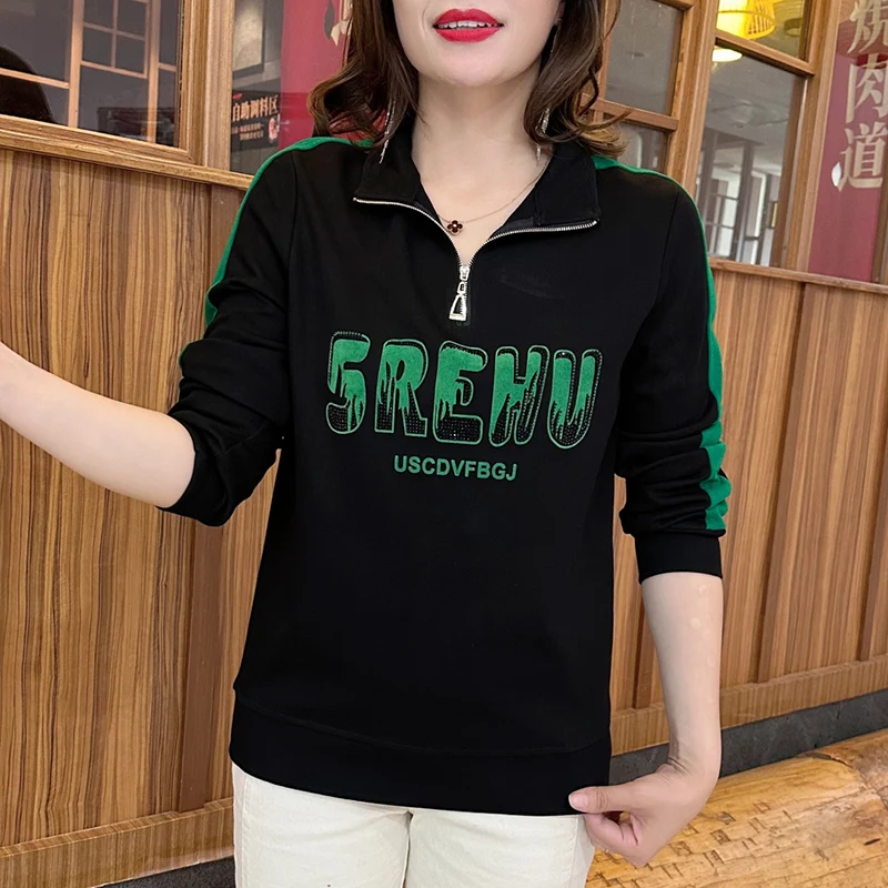 女性のスタンドアップカラーTシャツ,ジッパー付きレタリングプリントTシャツ,ルーズカジュアルトップス,通勤用Tシャツ,ファッショナブルな服,新しい秋冬2022