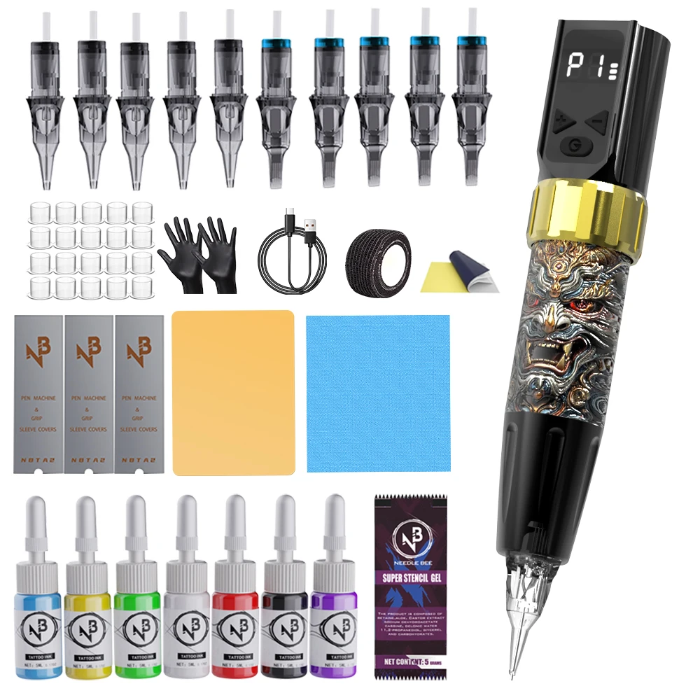 

Набор для татуировки, полный комплект тату-оборудования, включая 10 картриджных игл для татуировки и 7 цветов тату-чернил, подходит для начинающих татуировщиков и профессиональных мастеров тату.