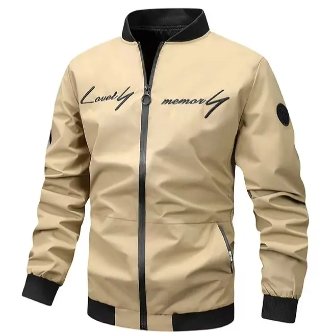 Men's Baseball Collar Printed Jacket, Full Zipper Placket, Rib Cuffs & Hem, Side Zipper Pockets, Simple Letter Print, Multiple Colors, Daily Casual Long Sleeve Outwear