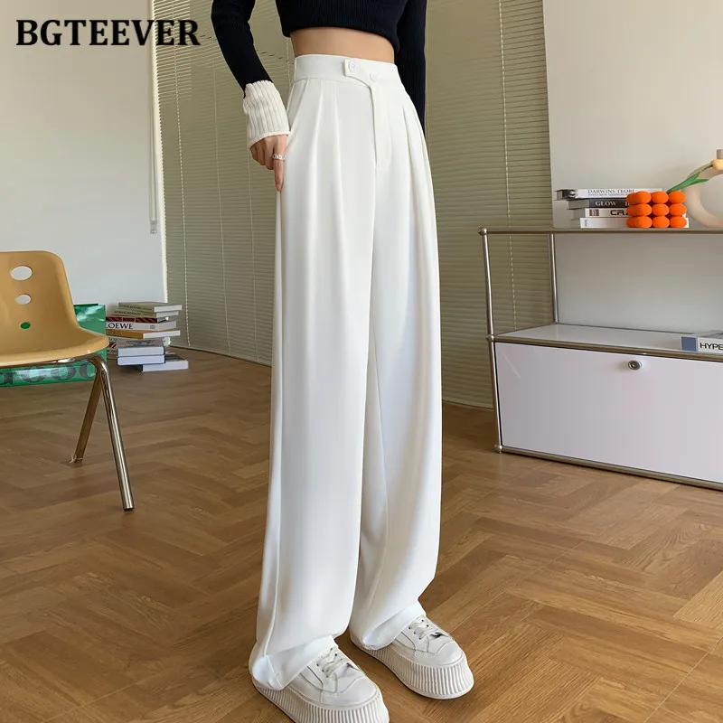 BGTEEVER Autumn Two Buttons Female Wide Leg Pants Pockets Straight Trousers for Women Elegant Solid Ladies Long Pants