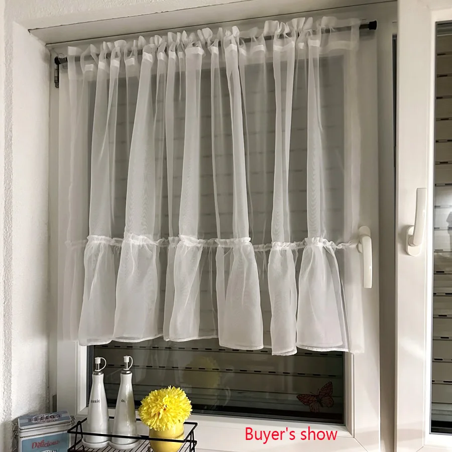 White Small Curtain for Living Room, Kitchen Cabinet Home Decor Romantic Short Window Treatment Sheer Voile Curtan