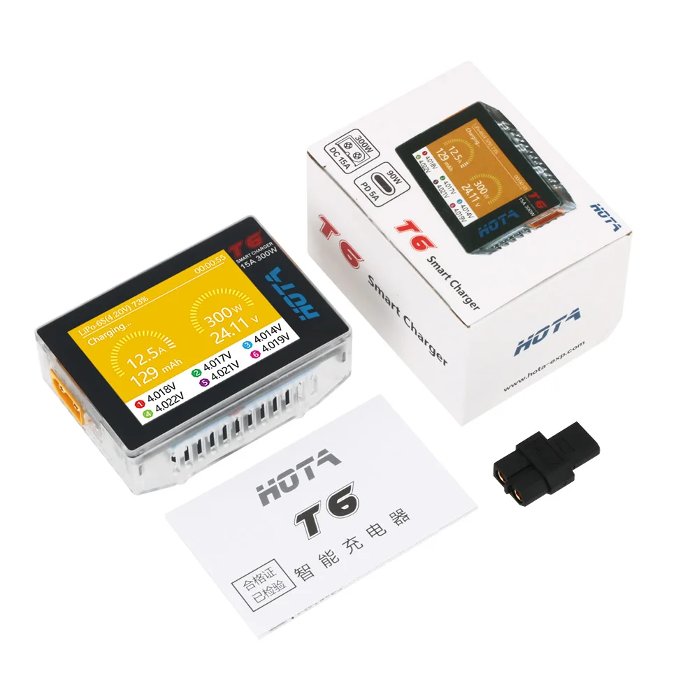 

Hota T6 DC/PD Dual Input 300W 2.4IPS Smart Battery Charger XT60 & TYPE-C Interfaces For RC Lipo LiHV NiCd NiMH Battery