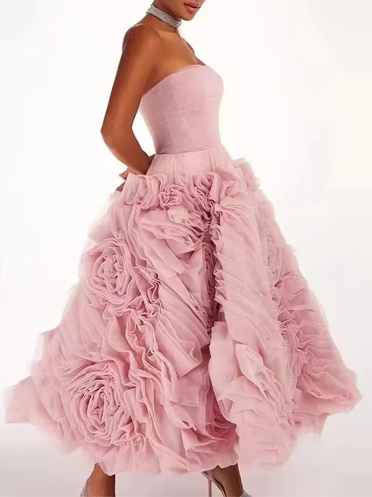 Luxury Tea-Length Celebrity Evening Dresses for Women Pink Tiered Birthday Party Prom Gowns Gala Special Events Dress 2024