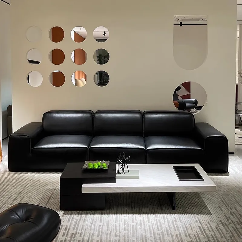 Leather sofa first layer cowhide big black cow small apartment straight row