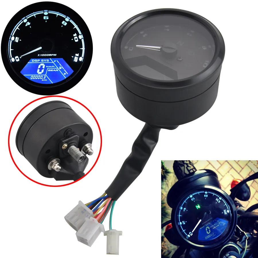 

Universal Motorcycle 12000rpm LCD Digital Speedometer Odometer Instrument Tachometer 2-4 Cylinders Multi-function Dash Panel