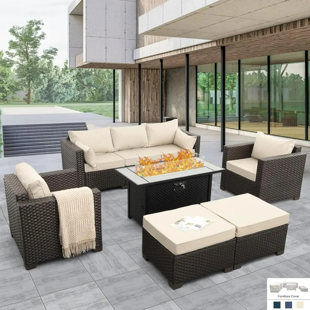 Patio Furniture Set 6-Piece Outdoor Furniture Sets with 45'' Propane Gas Fire Pit Table Outdoor Conversation Set Wicker Sofa Set