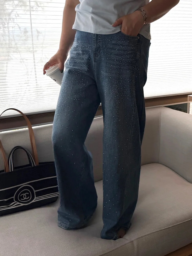 

High Waist Bling Slimming Wide Leg Jeans for plus Size Women Pencil XiaoXin Casual Style Rhinestone Embellished Leg Shaping
