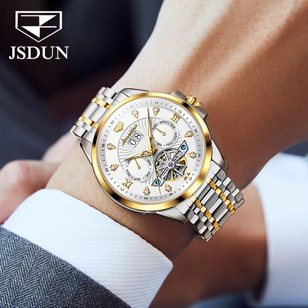 JSDUN 8911 Automatic Mechanical Watch for Men Sapphire Mirror Multifunction Skeleton Wristwatch Waterproof Business Men\'s Watch