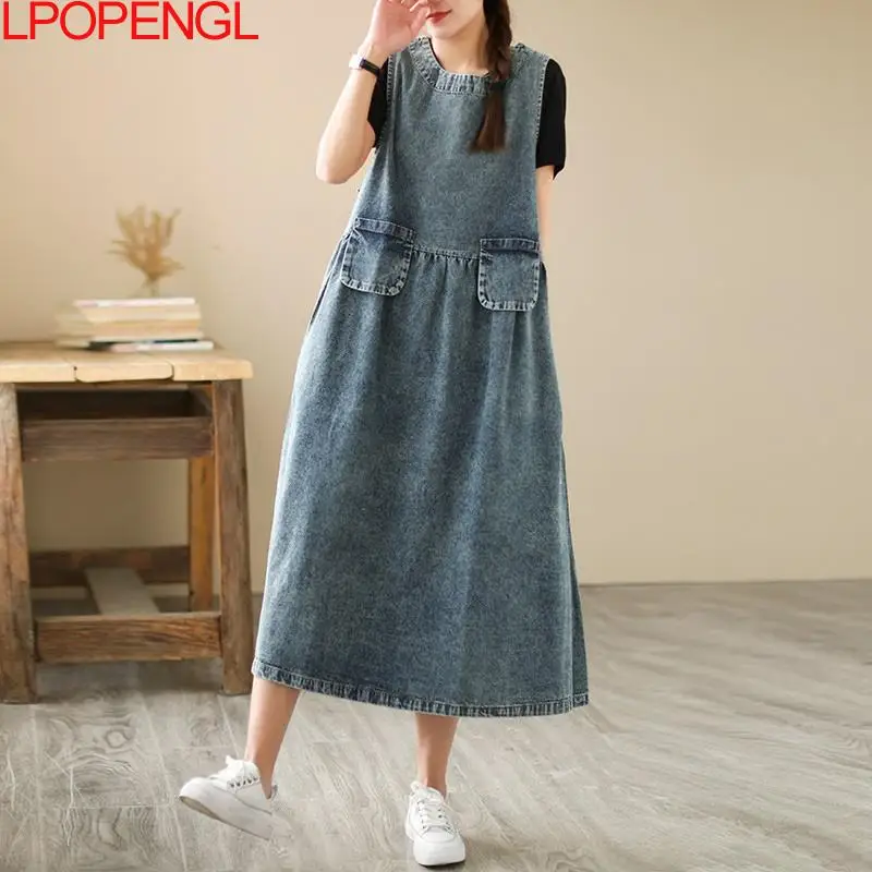 Vintage Casual Denim Spaghetti Strap Dress Women Spring 2022 New Oversized Women's Loose Ankle-length Versatile Dress