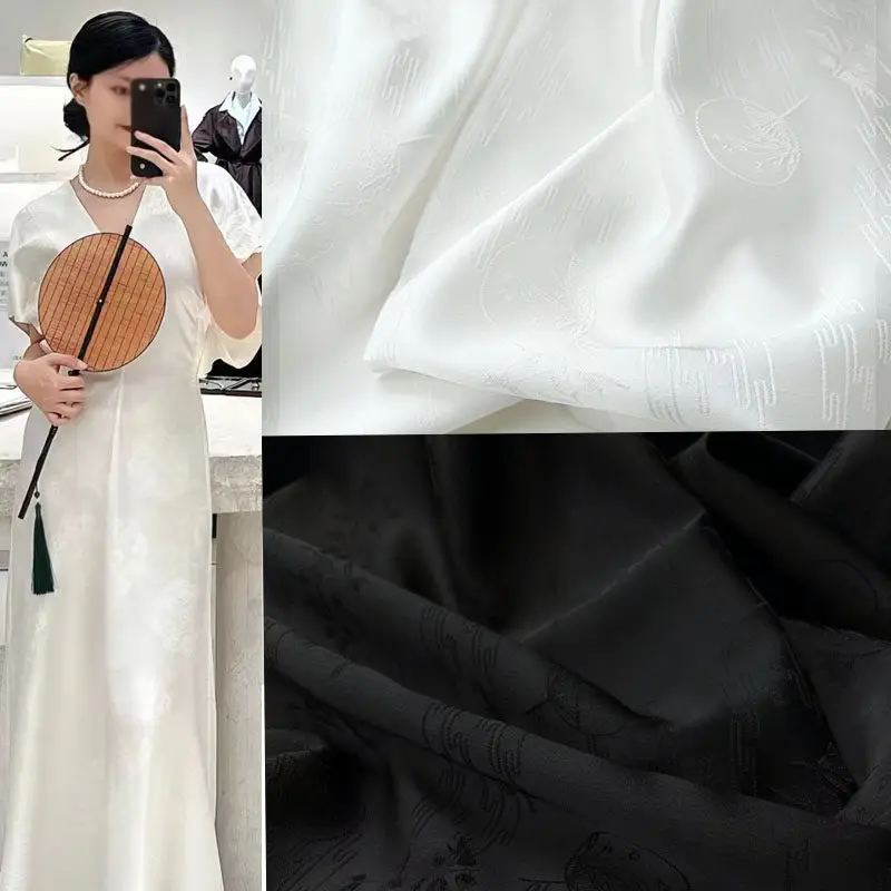Tela de Satén Jacquard de Acetato de Lujo con Estampado de Ciudades Acuáticas de Jiangnan, Elástica, para Diseño de Ropa Hanfu, Cheongsam y Trajes Tang