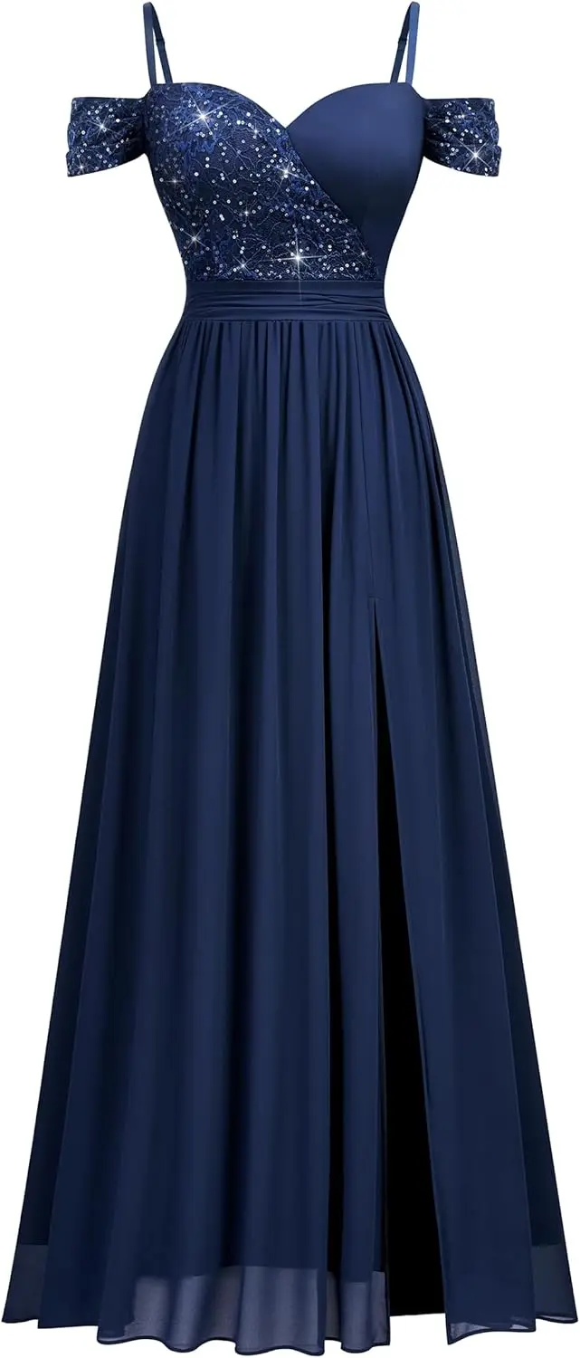 Vestido largo de boda con tirantes finos divididos y lentejuelas elegantes con hombros descubiertos para mujer vestido Formal elegante para mujer