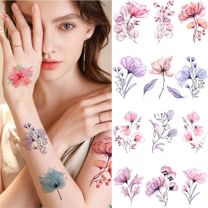 12 Types 14x 6.8CM Water Transfer Flower Temporary Tattoo Stickers Waterproof Fake Tattoos