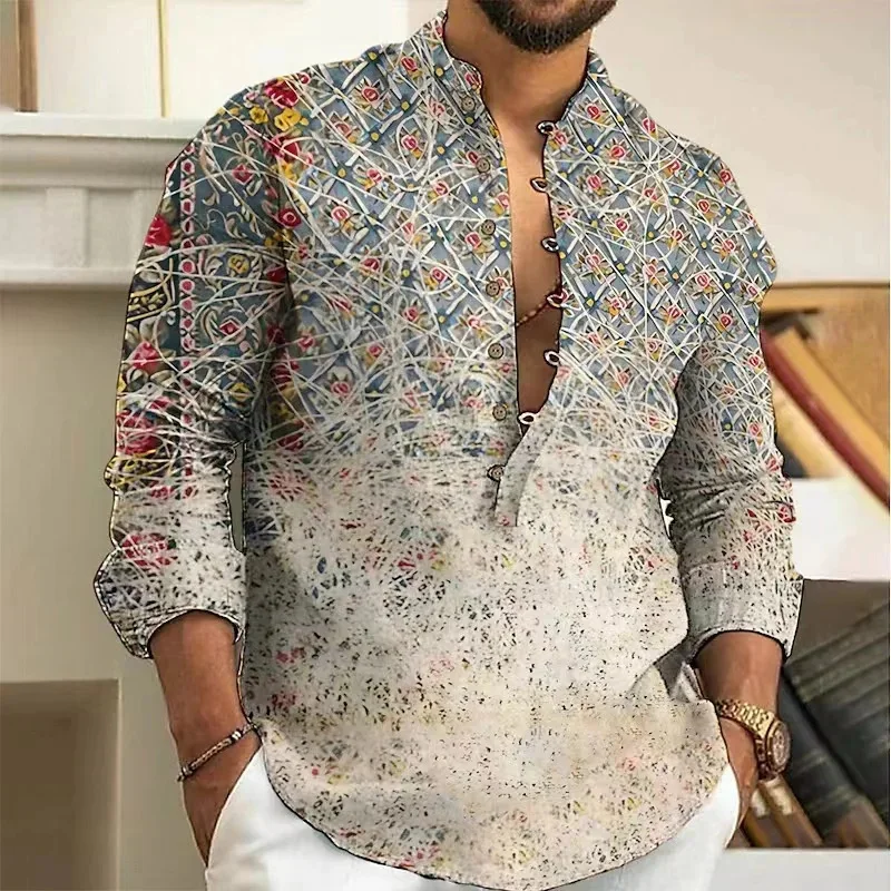 2024 Spring and Autumn Men\'s Shirt Long Sleeve Loose Casual Button V-Neck Seven-Breasted Beach Shirt Multicolor Henley Shirt