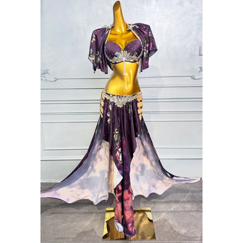 Traje de desempenho dança do ventre profissional personalizado sutiã de pedras AB Senior cetim saia longa 2pcs conjunto de dança do ventre