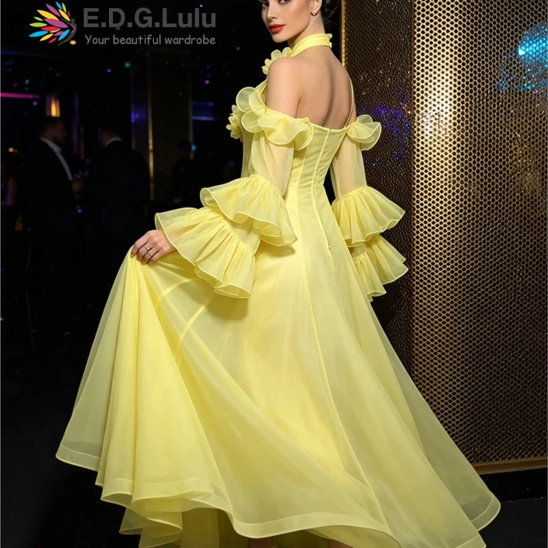 EDGLuLu Sexy Halter 3d Flower Patchwork Yellow Dress Off Shoulder Flared Sleeves Loose Elegant Long Evening Gown 0905