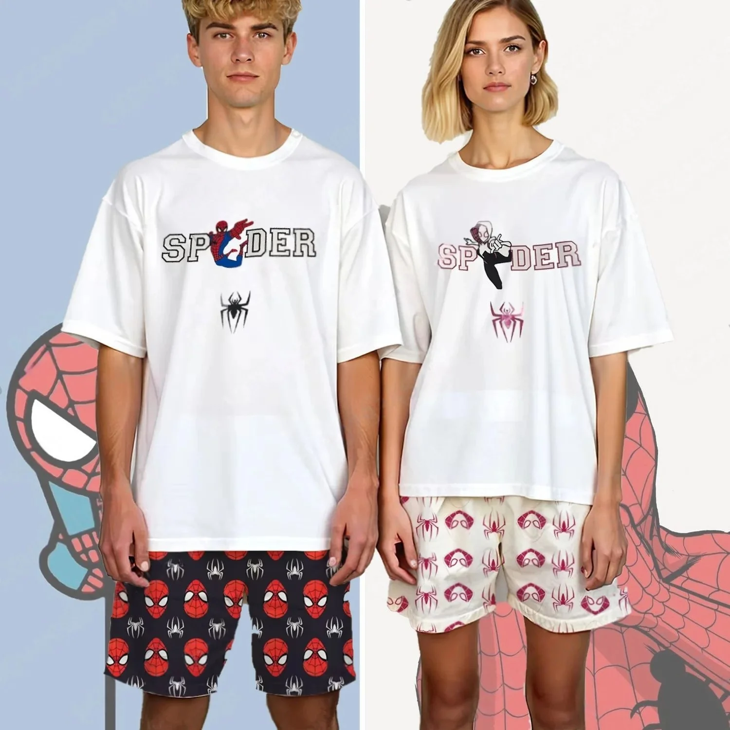 2026 Summer The Spider-man 2pcs Peter Parker&Gwen Summer T-Shirt with Pajama Short Pants Oversized Kit Couple's Outfits Kit