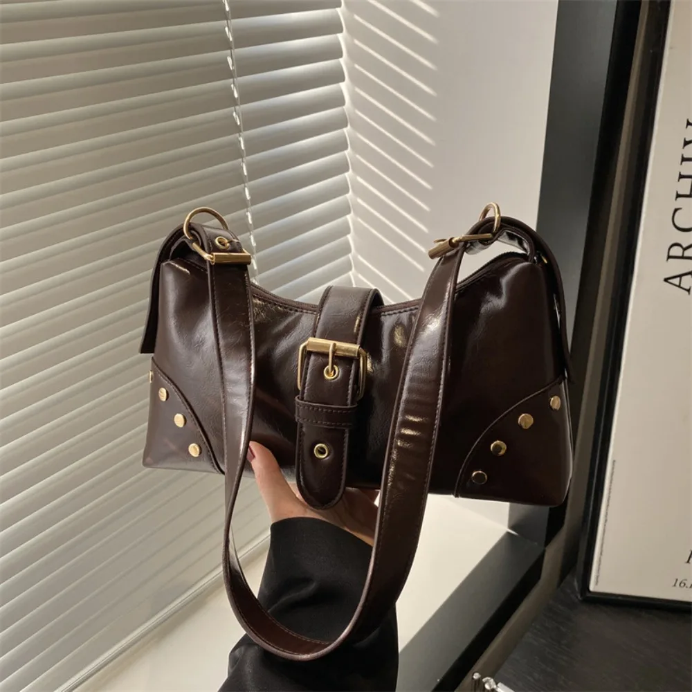 

Casual Designer Buckle Armpit Bag Vintage Y2k Rivet Shoulder Bag Pu Leather Gothic Spicy Girl Handbag Women