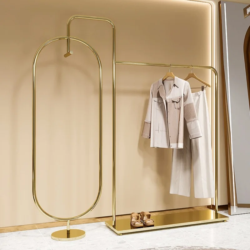 floor-standing stainless steel titanium brushed hanging clothes display rack, women's clothing store renovation shelf