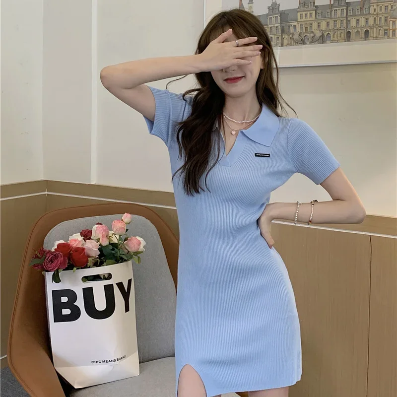 Sexy Kurzarm Mini Gestrickte Split Bodycon frauen Kleider Retro Günstige Casual Vintage Koreanische Mode Kurvige Weibliche Kleid Verkauf