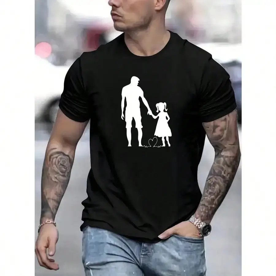 

Dad And Daughter Print Men's Crew Neck Fashionable Short Sleeve Sports T-Shirt, Comfortable And Versatile For Summer And Spring