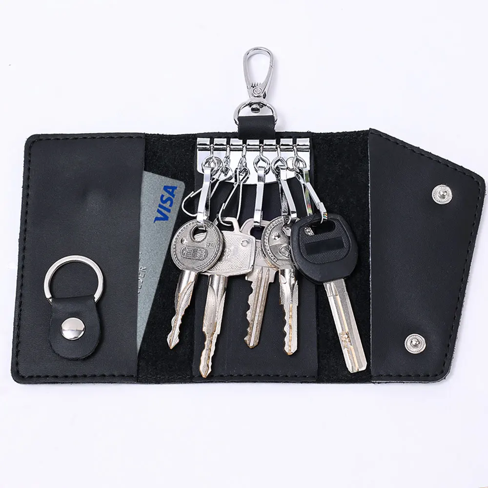JNNJ Custodia in Vera Pelle per Le Chiavi Dell'auto, Portachiavi in Sottile e Compatto, Borsa Chiavi per Auto con Scomparto per Tessere, Auto Multi-funzione Portachiavi Custodia Della Carta(Nero
